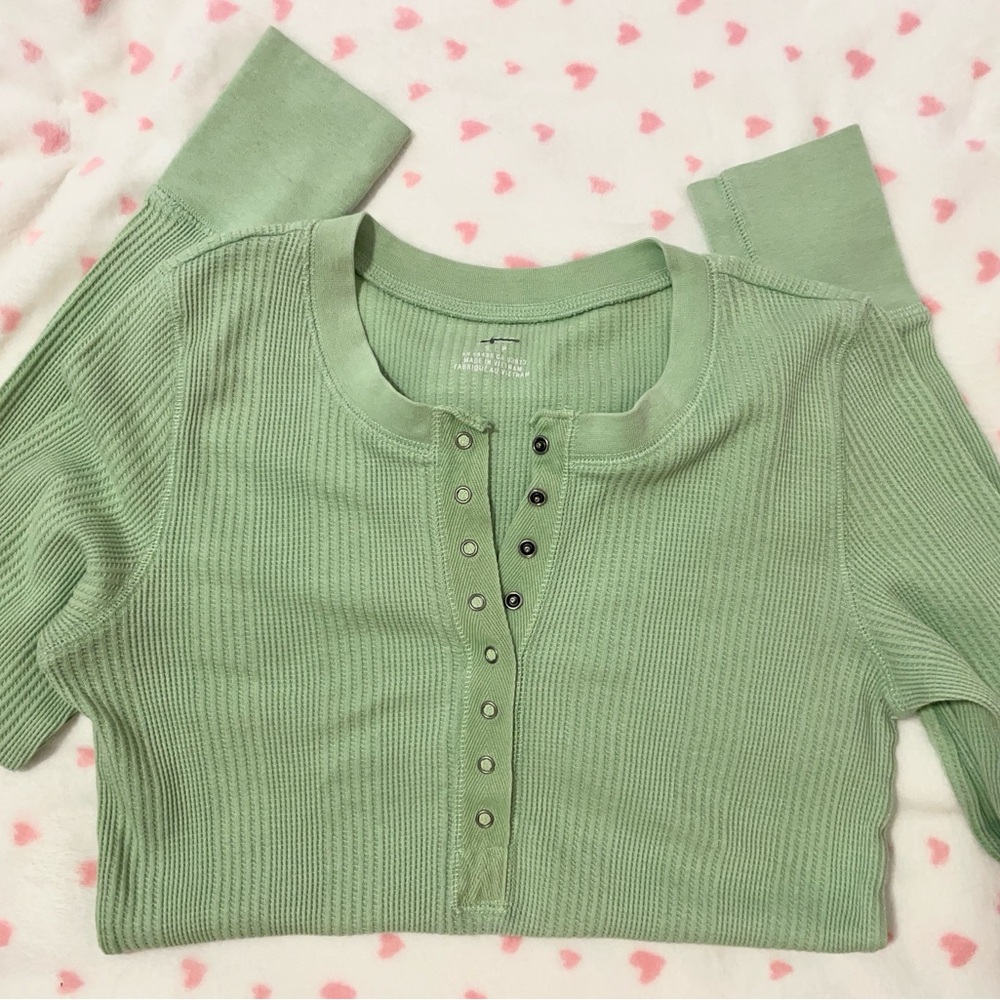 Pale green aerie ribbed button up top